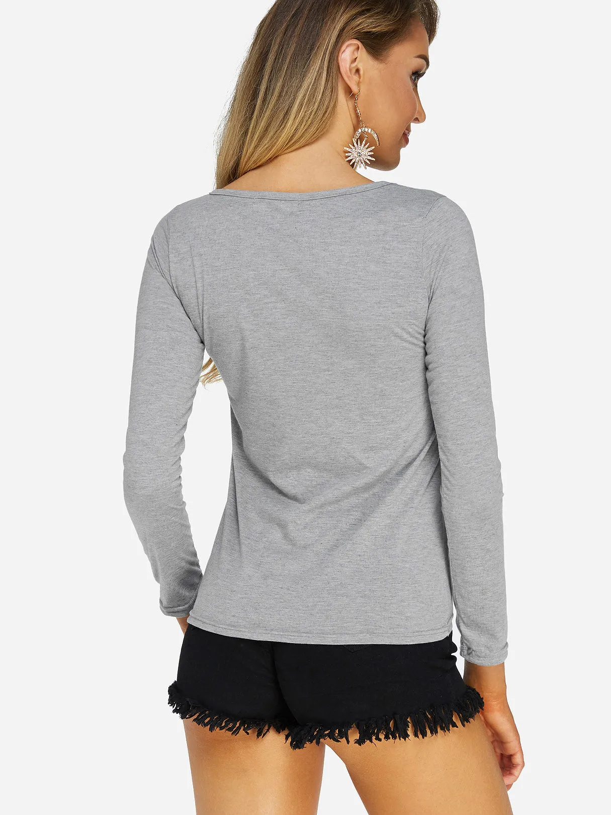 Custom Round Neck Plain Lace-Up Long Sleeve Top