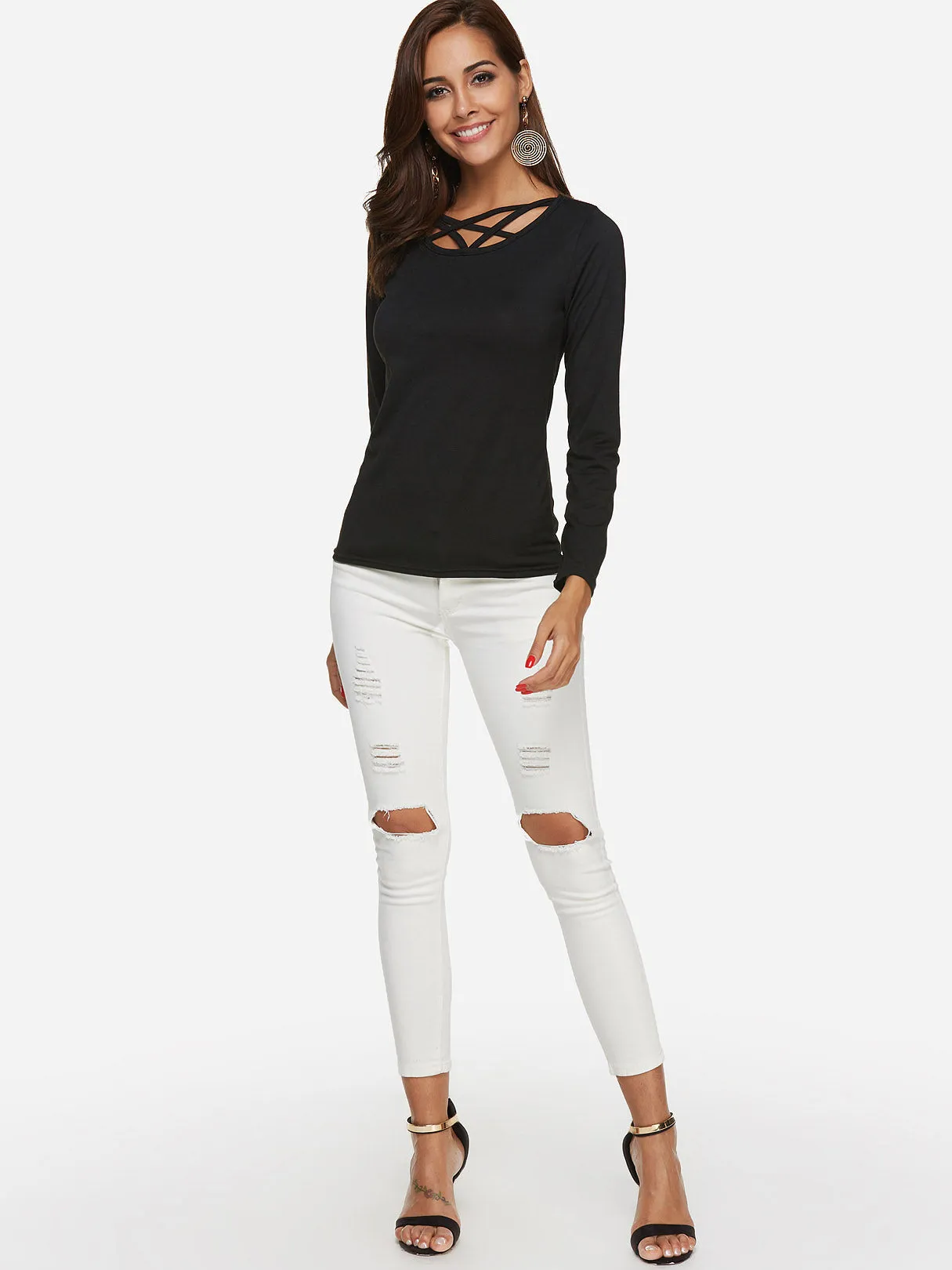 Custom Round Neck Plain Lace-Up Long Sleeve Top