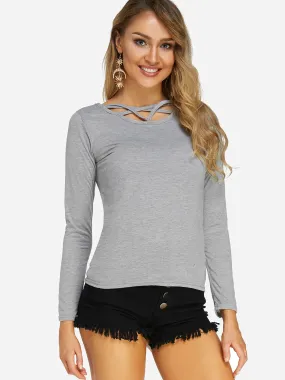 Custom Round Neck Plain Lace-Up Long Sleeve Top