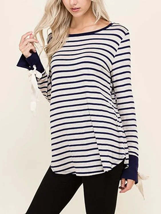 Custom Round Neck Stripe Lace-Up Long Sleeve Curved Hem T-Shirts