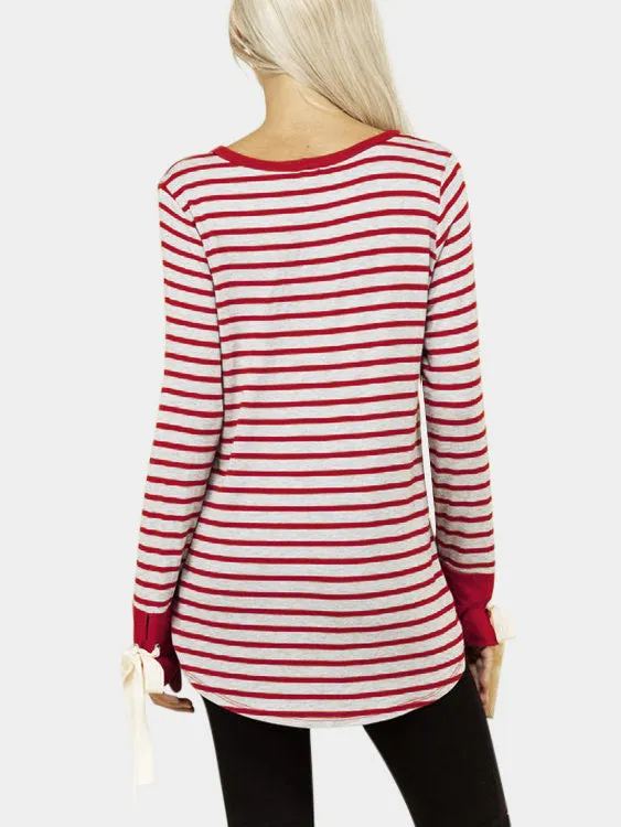 Custom Round Neck Stripe Lace-Up Long Sleeve Curved Hem T-Shirts