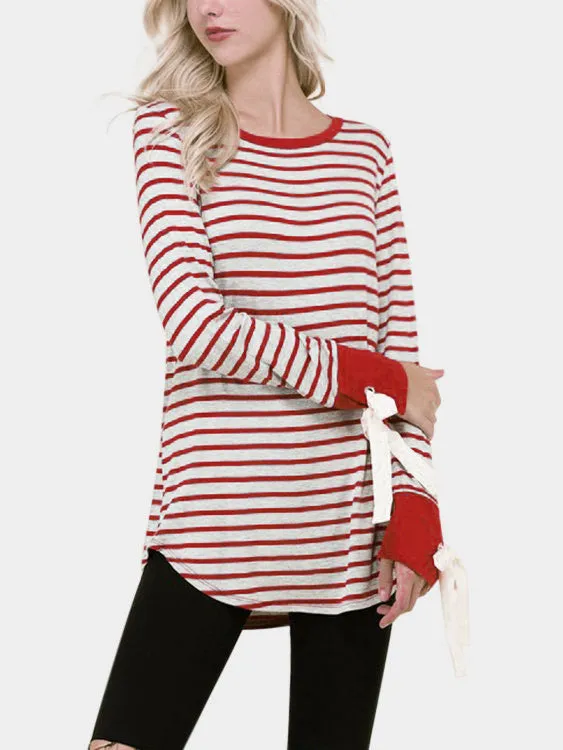 Custom Round Neck Stripe Lace-Up Long Sleeve Curved Hem T-Shirts