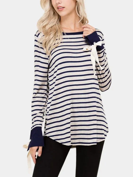 Custom Round Neck Stripe Lace-Up Long Sleeve Curved Hem T-Shirts