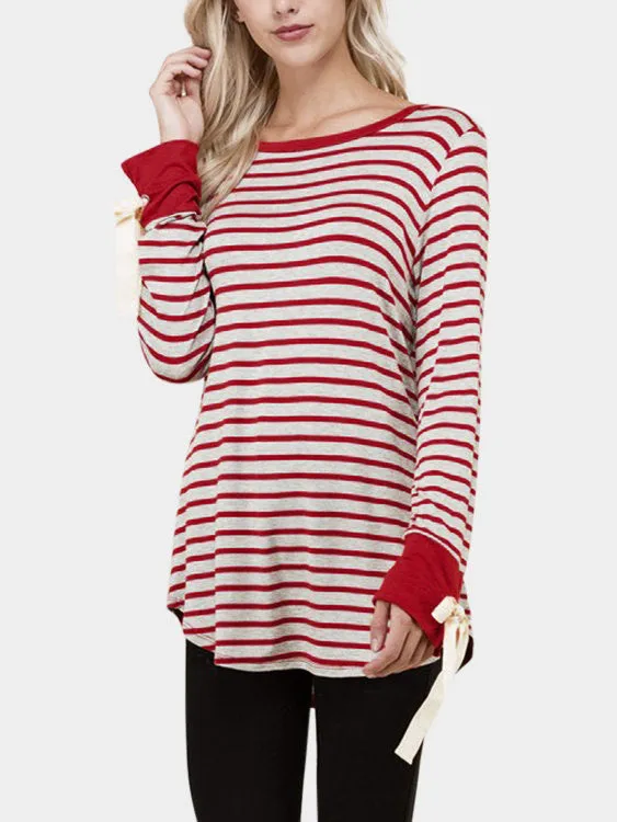 Custom Round Neck Stripe Lace-Up Long Sleeve Curved Hem T-Shirts