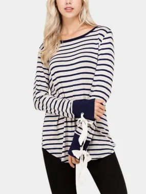 Custom Round Neck Stripe Lace-Up Long Sleeve Curved Hem T-Shirts