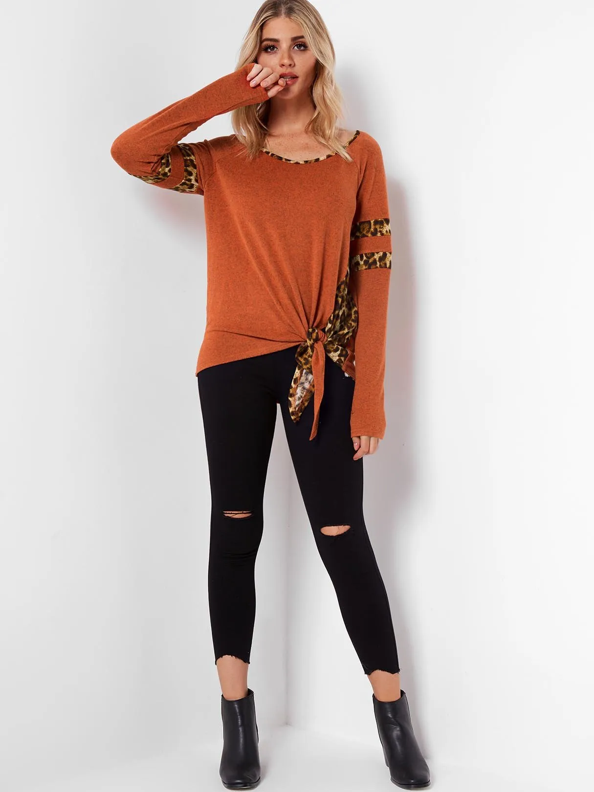 Custom Round Neck Stripe Leopard Lace-Up Long Sleeve Orange T-Shirts