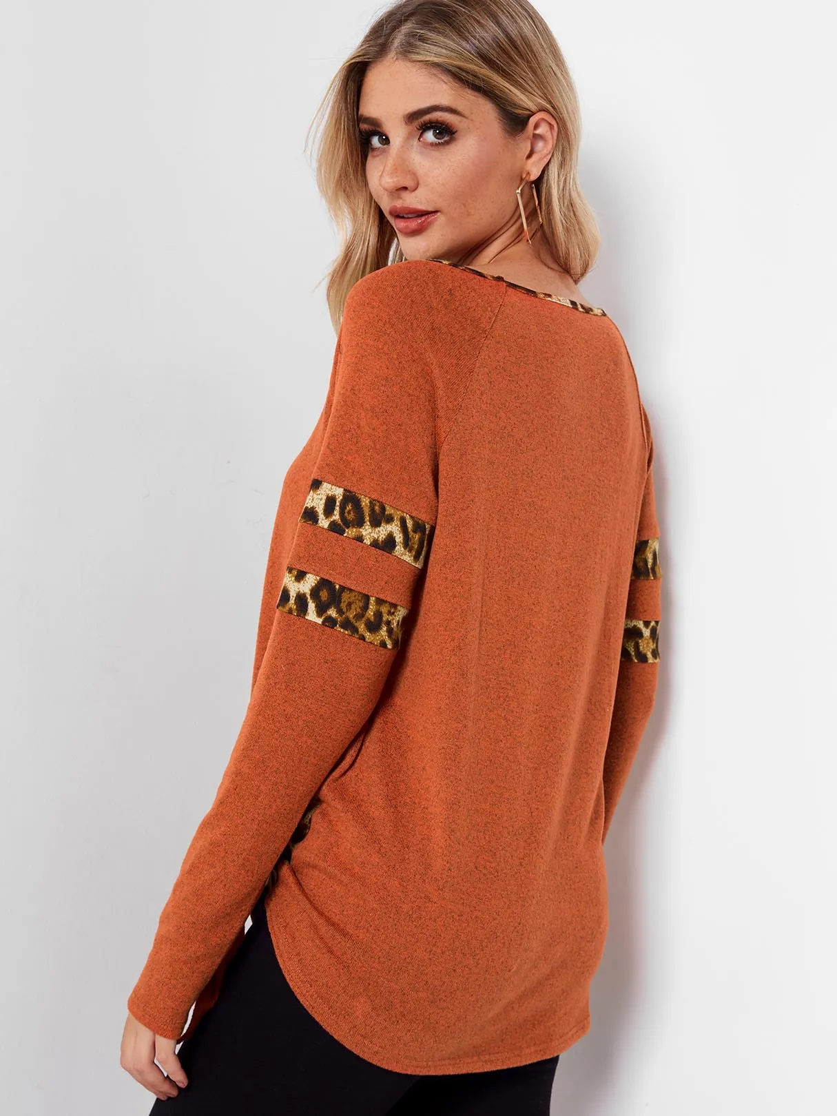 Custom Round Neck Stripe Leopard Lace-Up Long Sleeve Orange T-Shirts