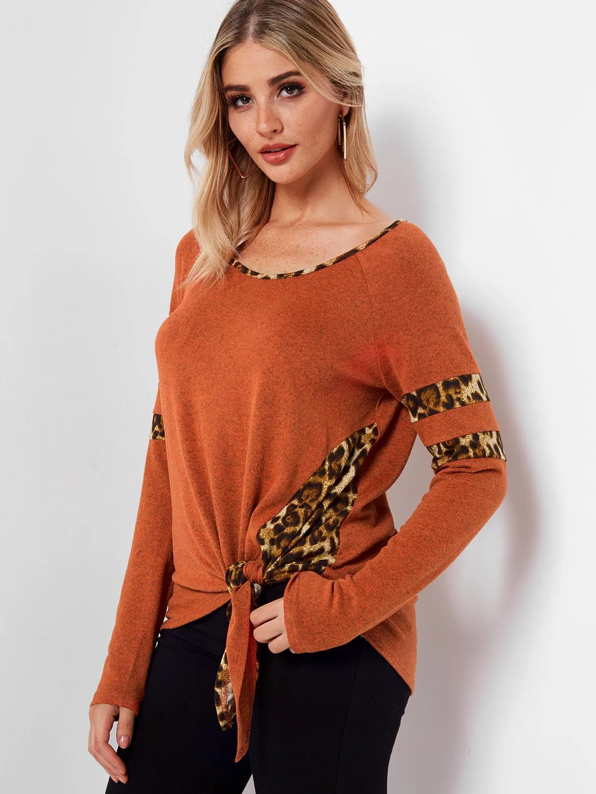 Custom Round Neck Stripe Leopard Lace-Up Long Sleeve Orange T-Shirts