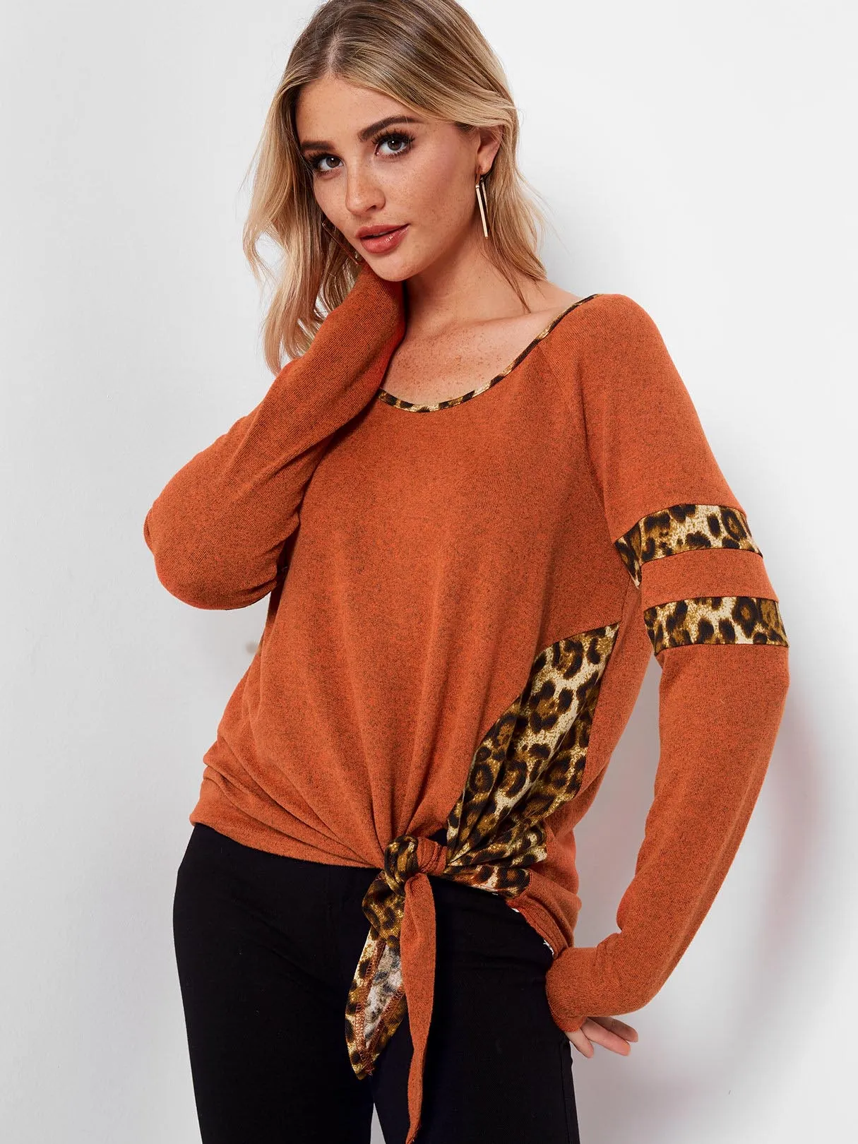 Custom Round Neck Stripe Leopard Lace-Up Long Sleeve Orange T-Shirts