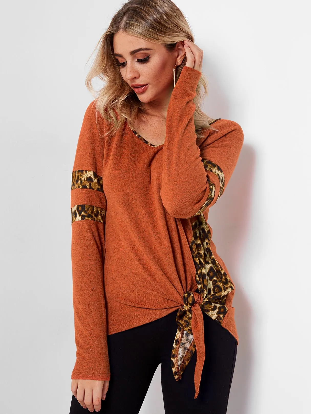 Custom Round Neck Stripe Leopard Lace-Up Long Sleeve Orange T-Shirts