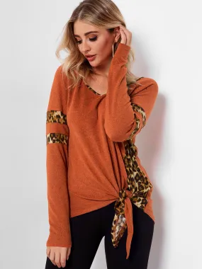 Custom Round Neck Stripe Leopard Lace-Up Long Sleeve Orange T-Shirts