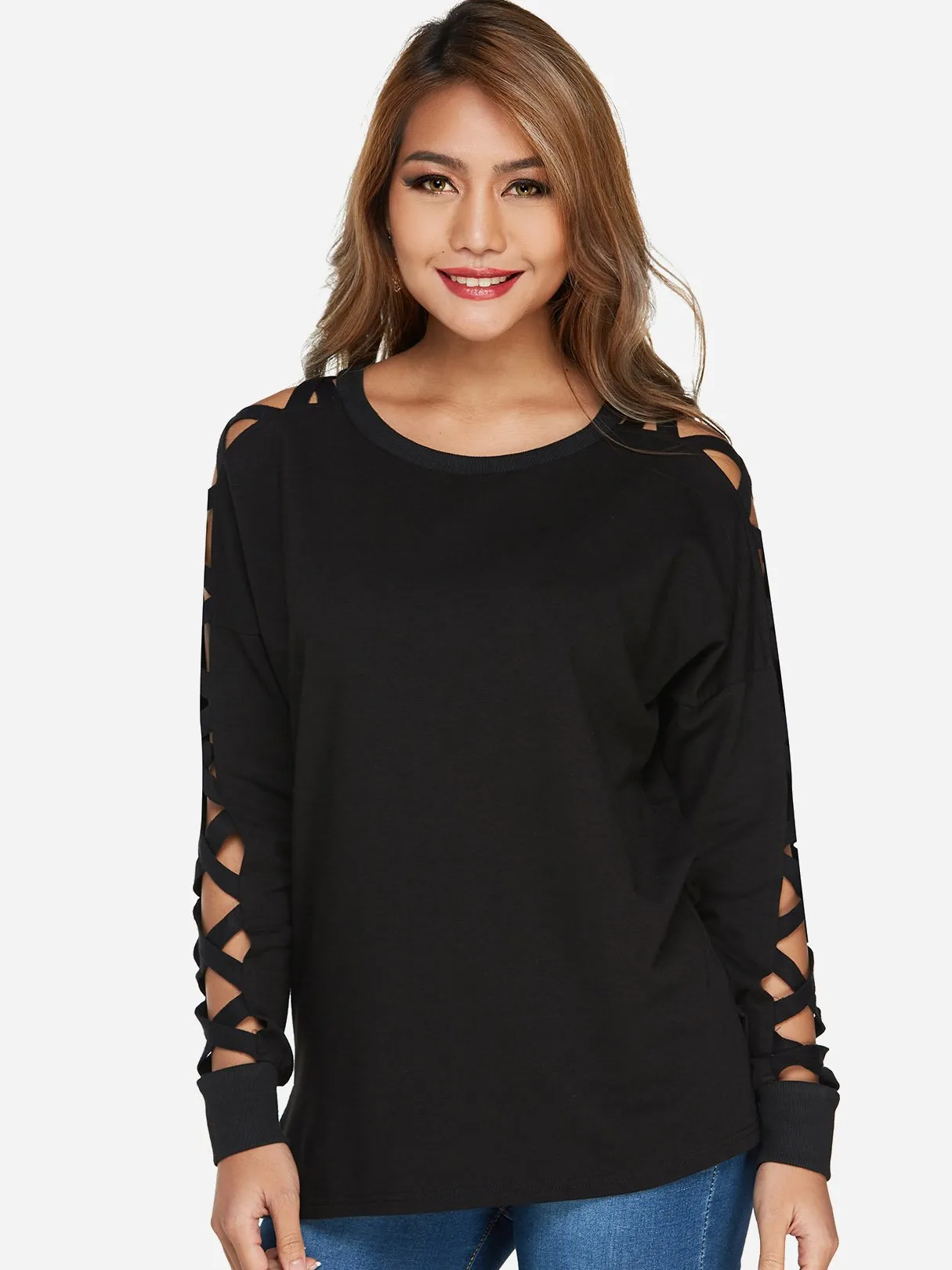 Custom Scoop Neck Plain Hollow Lace-Up Cut Out Long Sleeve Black T-Shirts