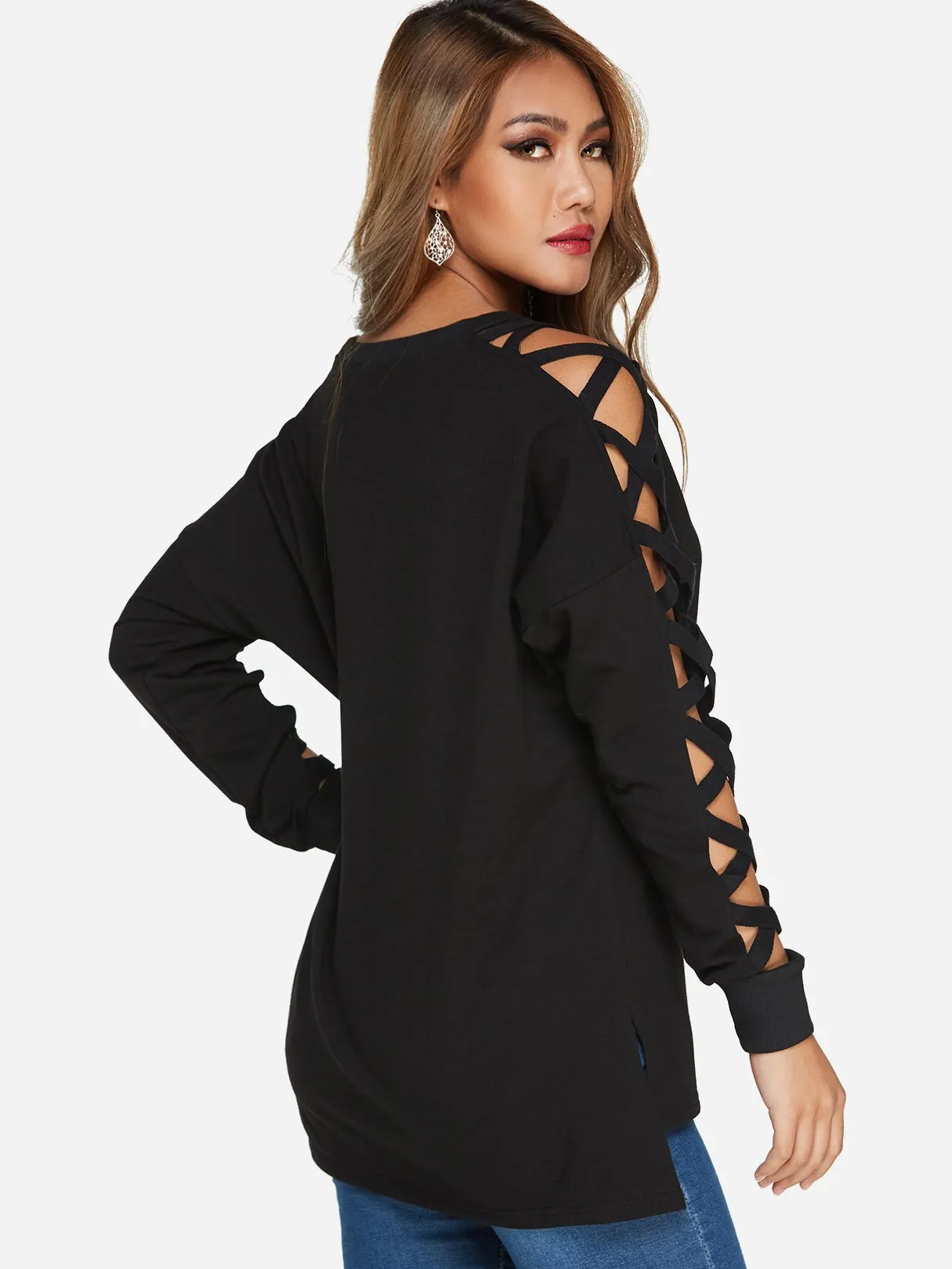 Custom Scoop Neck Plain Hollow Lace-Up Cut Out Long Sleeve Black T-Shirts