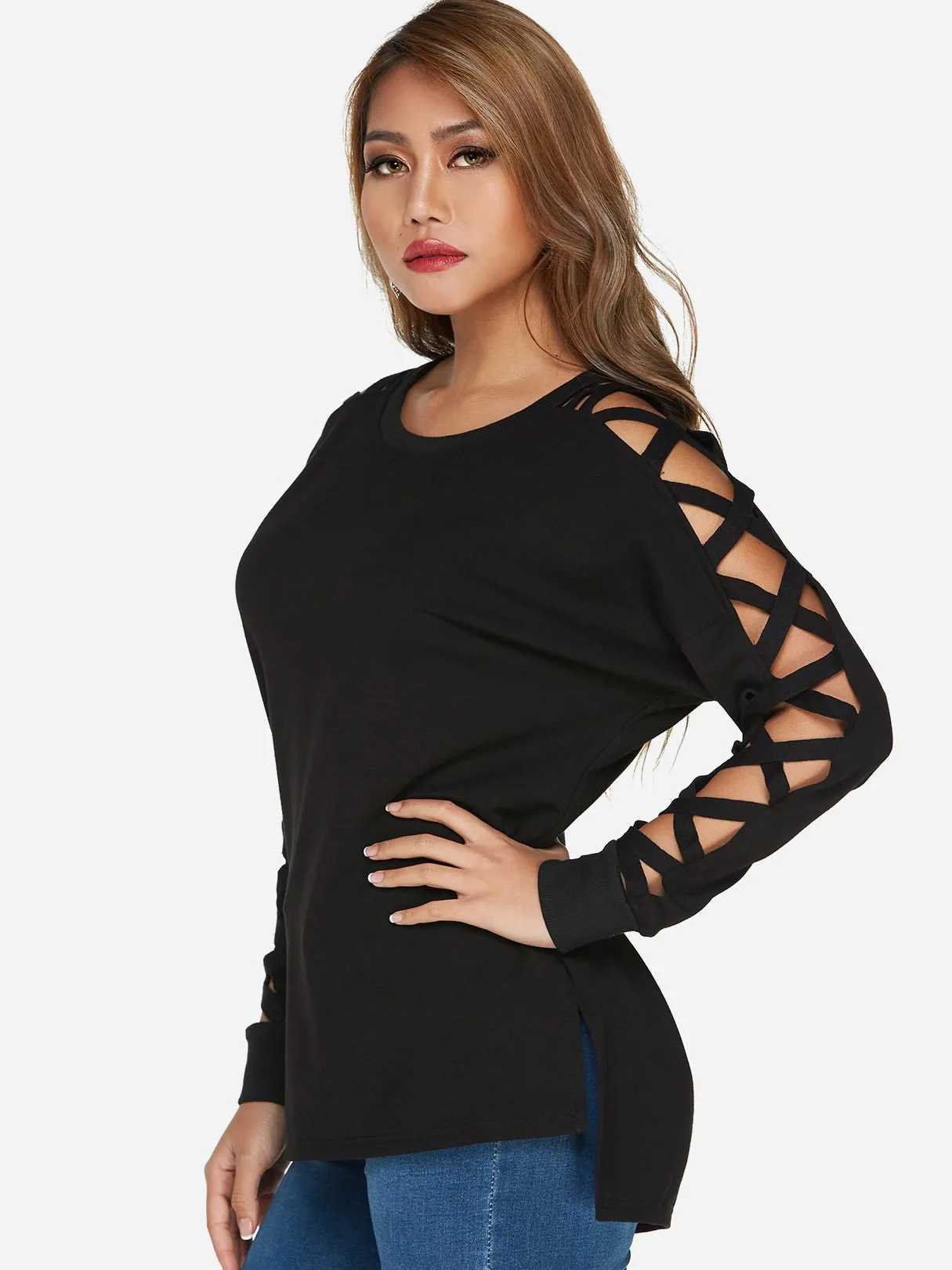 Custom Scoop Neck Plain Hollow Lace-Up Cut Out Long Sleeve Black T-Shirts