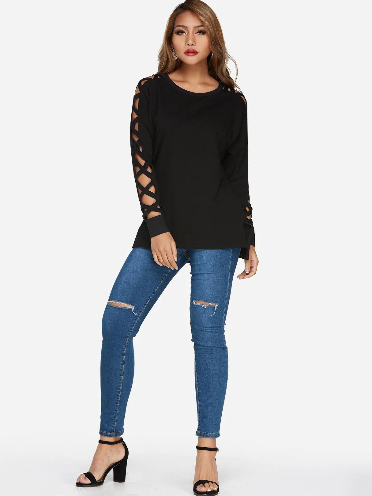 Custom Scoop Neck Plain Hollow Lace-Up Cut Out Long Sleeve Black T-Shirts