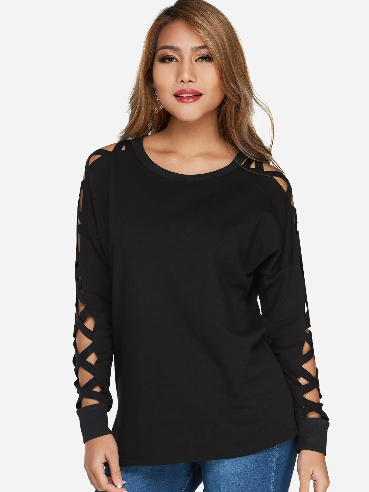 Custom Scoop Neck Plain Hollow Lace-Up Cut Out Long Sleeve Black T-Shirts