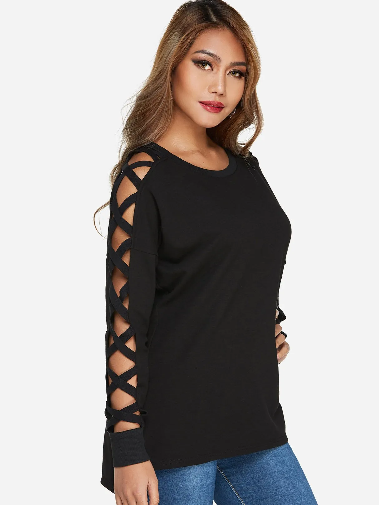 Custom Scoop Neck Plain Hollow Lace-Up Cut Out Long Sleeve Black T-Shirts