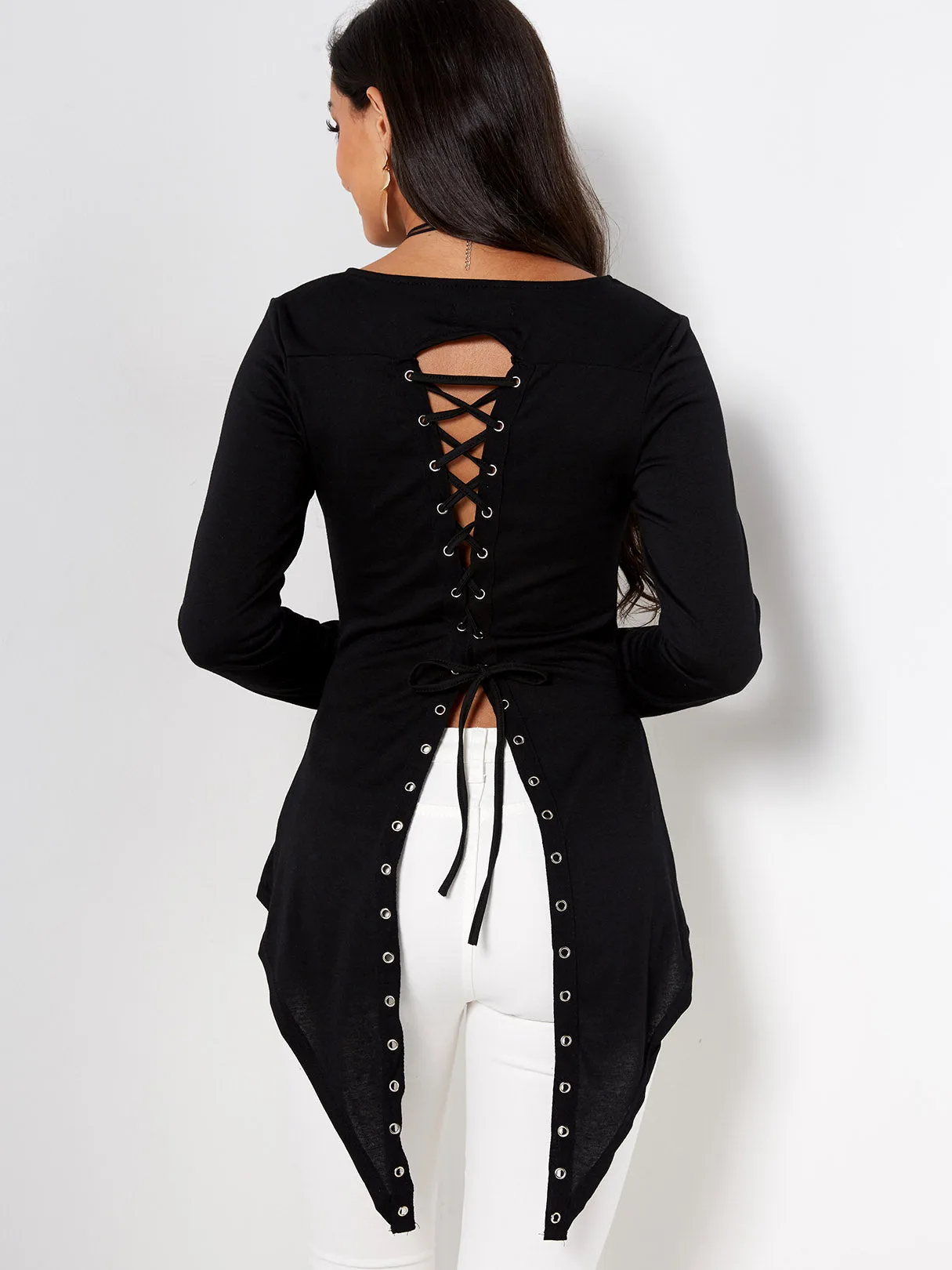 Custom Scoop Neck Plain Lace-Up Long Sleeve Irregular Hem Black T-Shirts