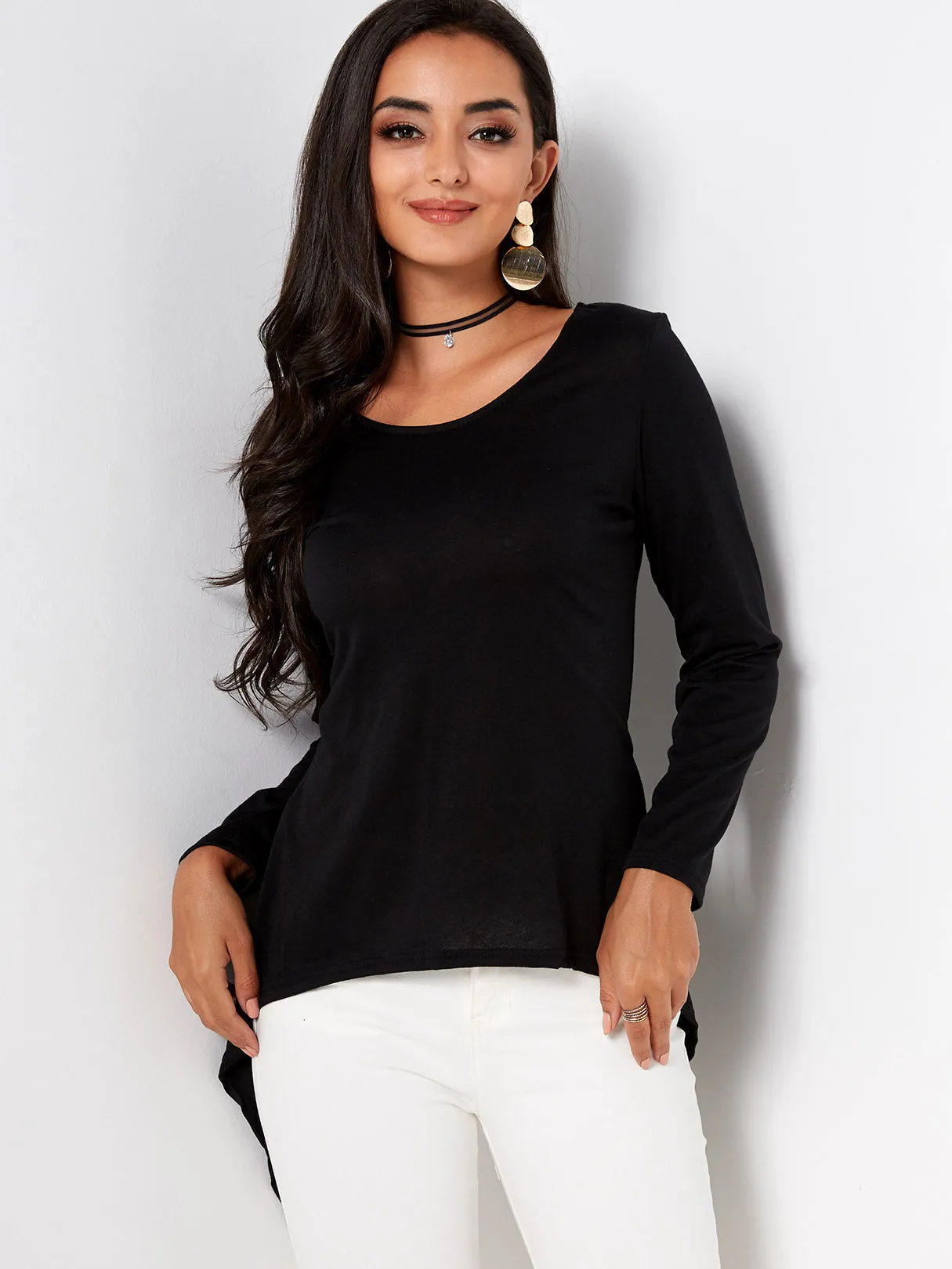 Custom Scoop Neck Plain Lace-Up Long Sleeve Irregular Hem Black T-Shirts