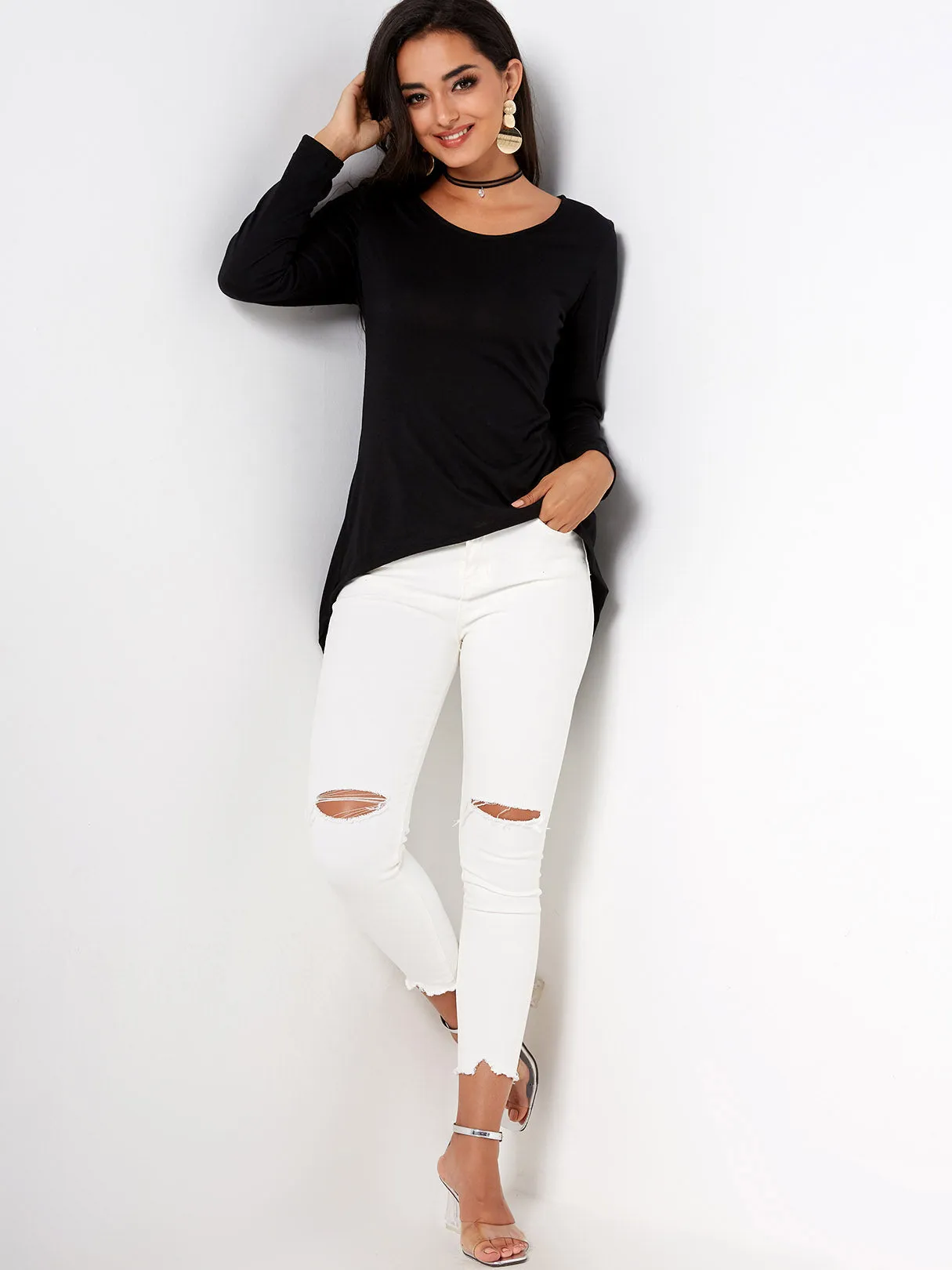 Custom Scoop Neck Plain Lace-Up Long Sleeve Irregular Hem Black T-Shirts