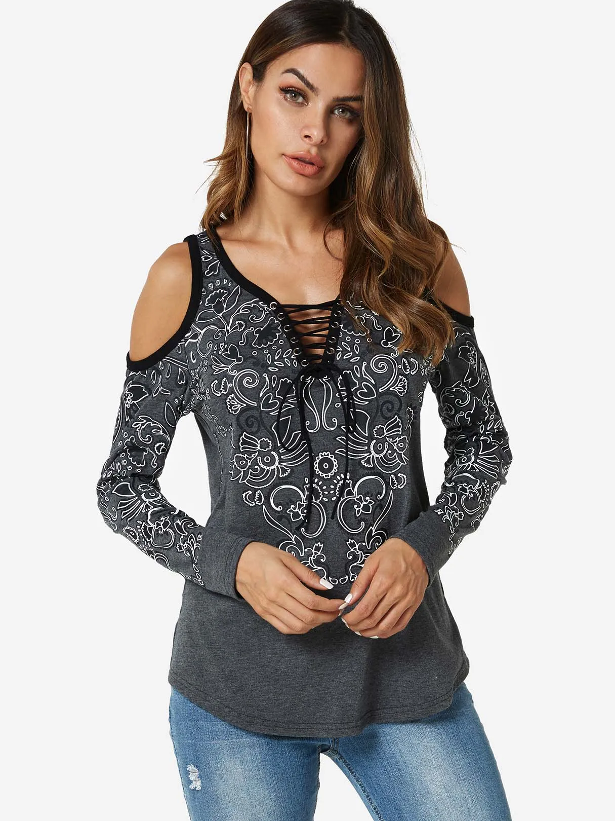 Custom V-Neck Cold Shoulder Floral Print Lace-Up Long Sleeve Grey T-Shirts