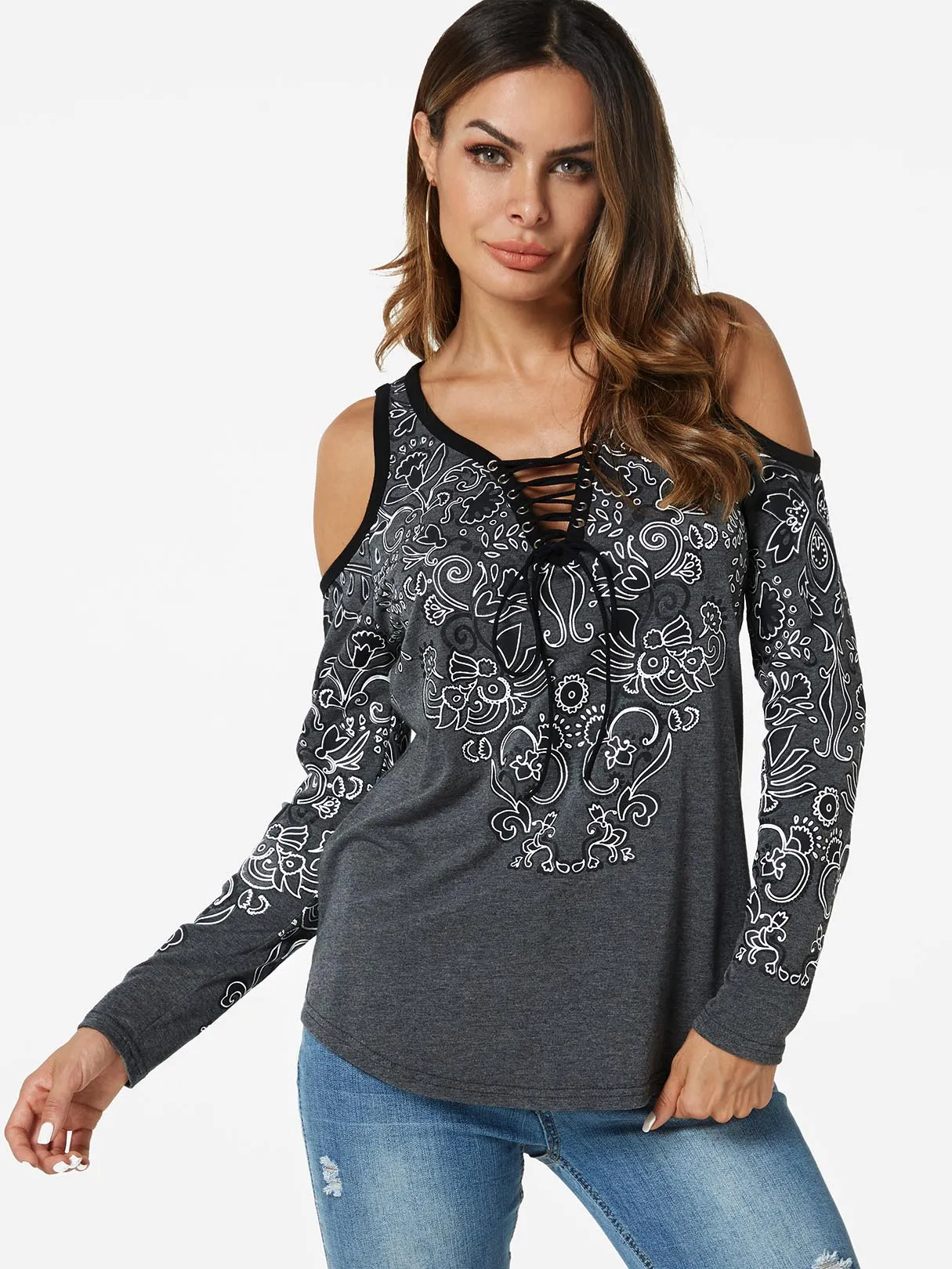 Custom V-Neck Cold Shoulder Floral Print Lace-Up Long Sleeve Grey T-Shirts