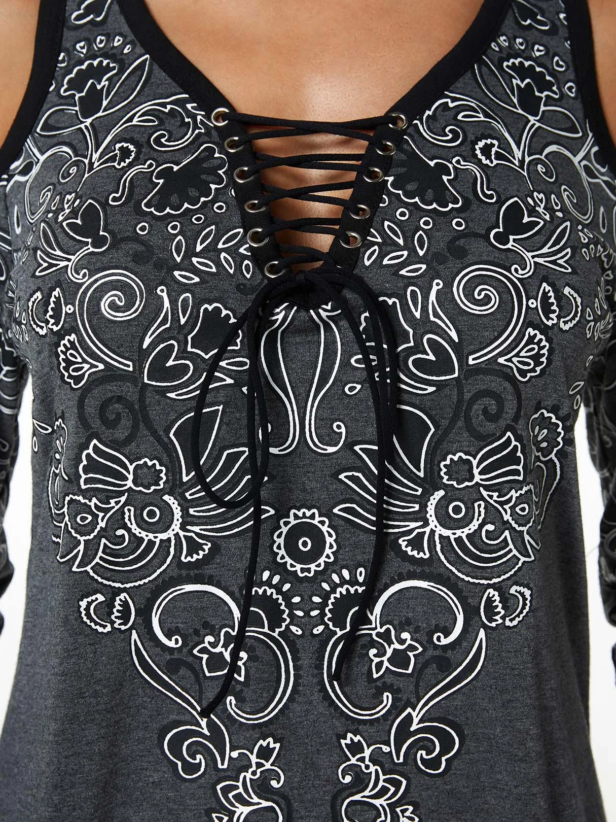 Custom V-Neck Cold Shoulder Floral Print Lace-Up Long Sleeve Grey T-Shirts