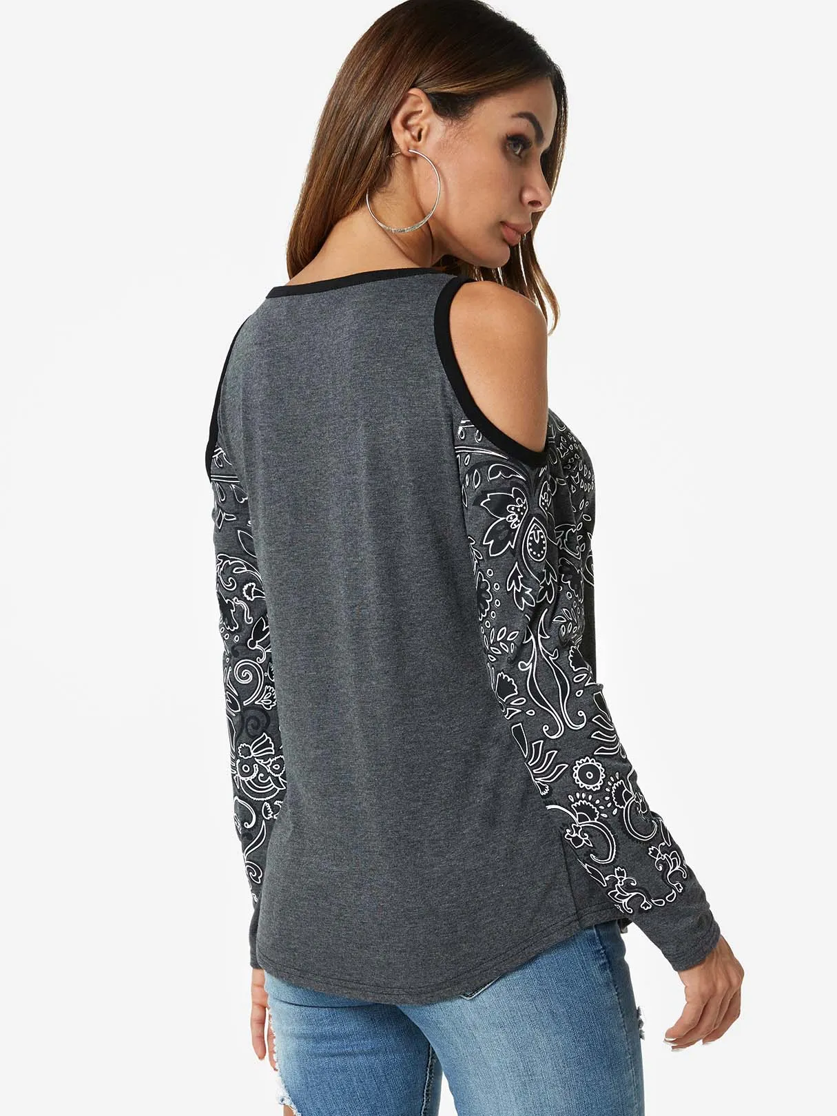 Custom V-Neck Cold Shoulder Floral Print Lace-Up Long Sleeve Grey T-Shirts