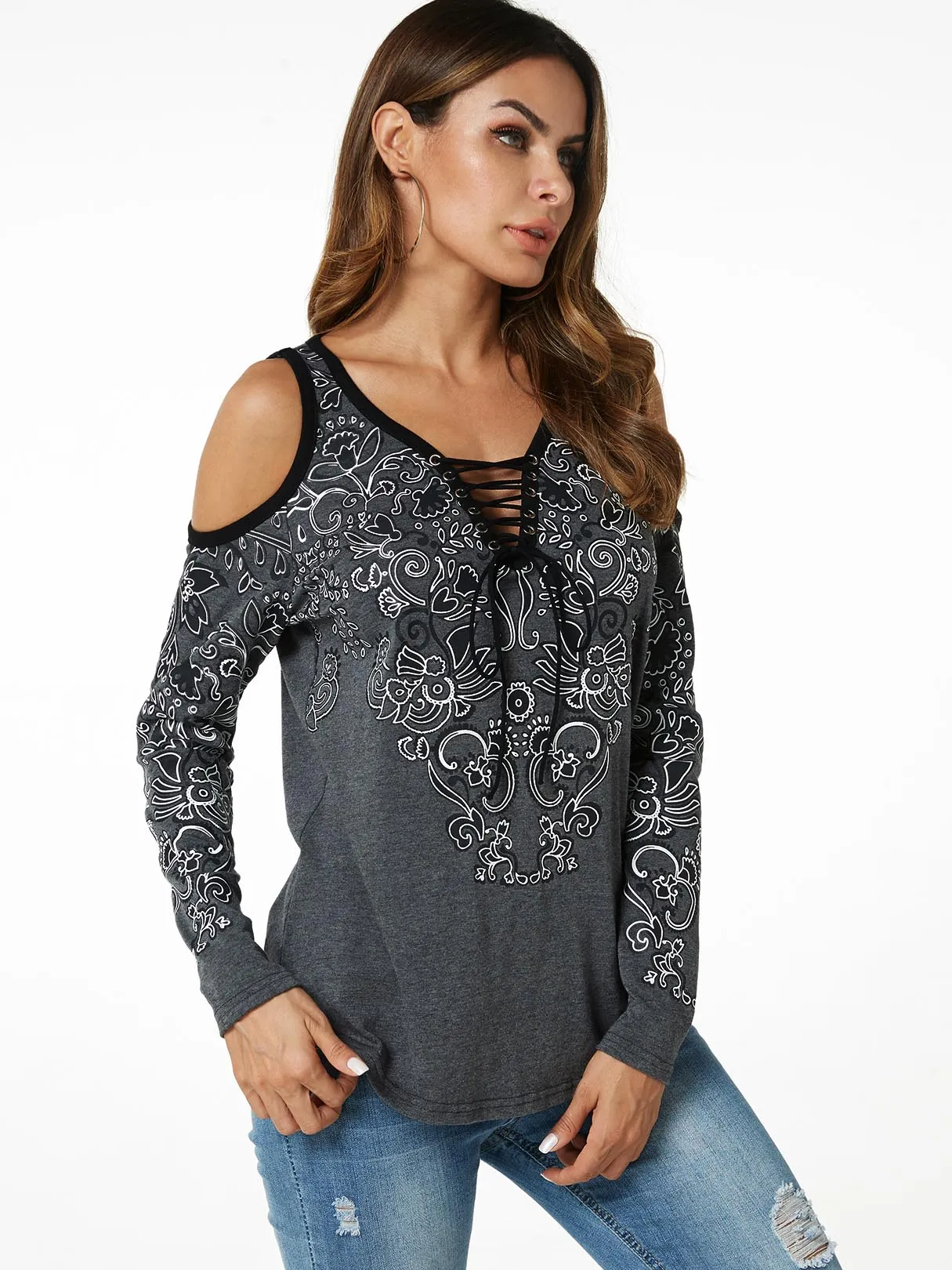 Custom V-Neck Cold Shoulder Floral Print Lace-Up Long Sleeve Grey T-Shirts