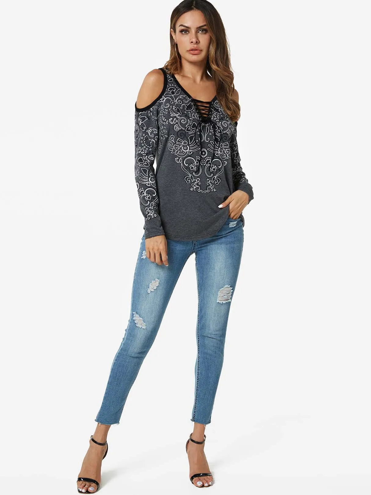 Custom V-Neck Cold Shoulder Floral Print Lace-Up Long Sleeve Grey T-Shirts