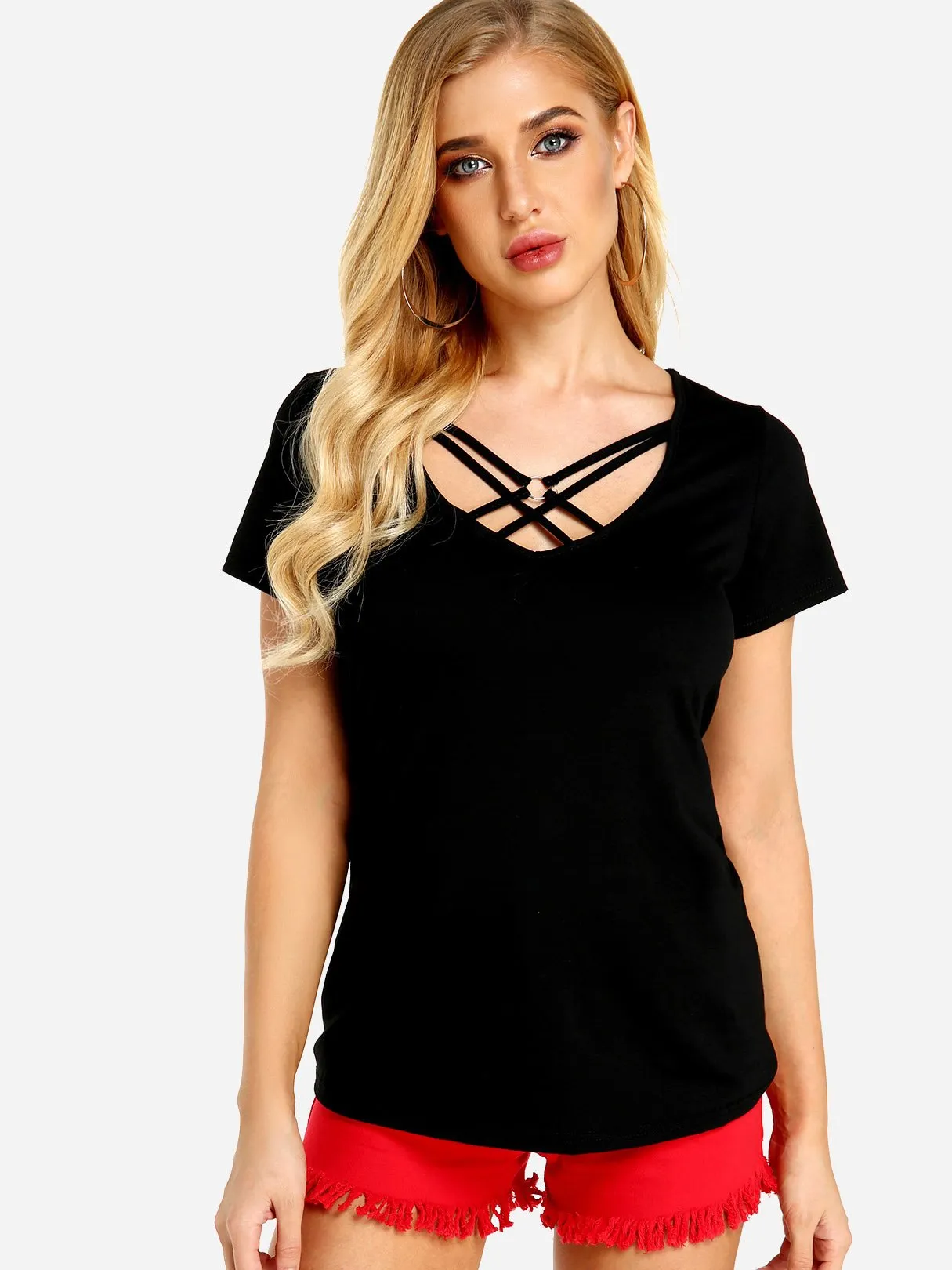 Custom V-Neck Lace-Up Short Sleeve Black T-Shirts