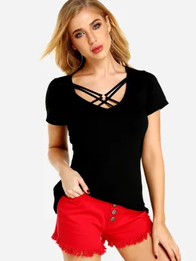 Custom V-Neck Lace-Up Short Sleeve Black T-Shirts