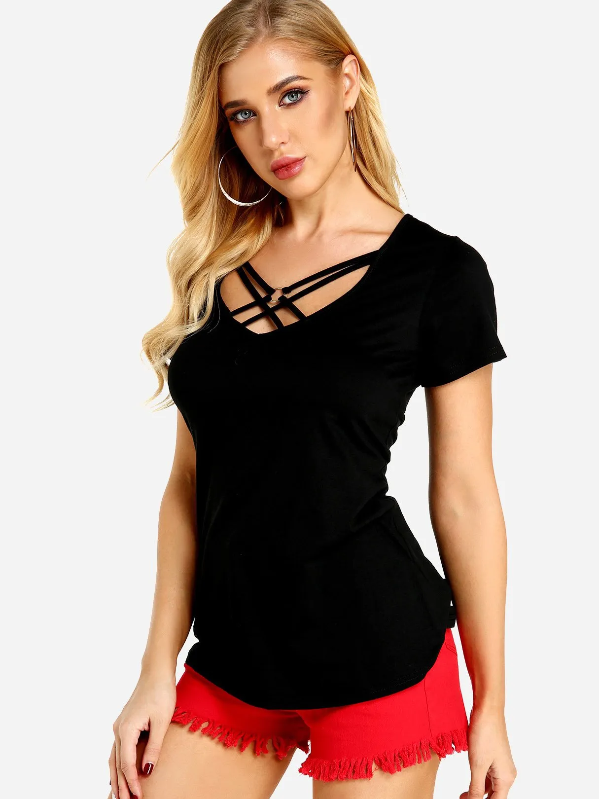 Custom V-Neck Lace-Up Short Sleeve Black T-Shirts