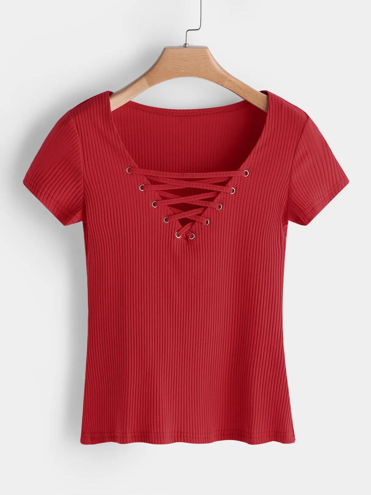 Custom V-Neck Lace-Up Short Sleeve Red T-Shirts