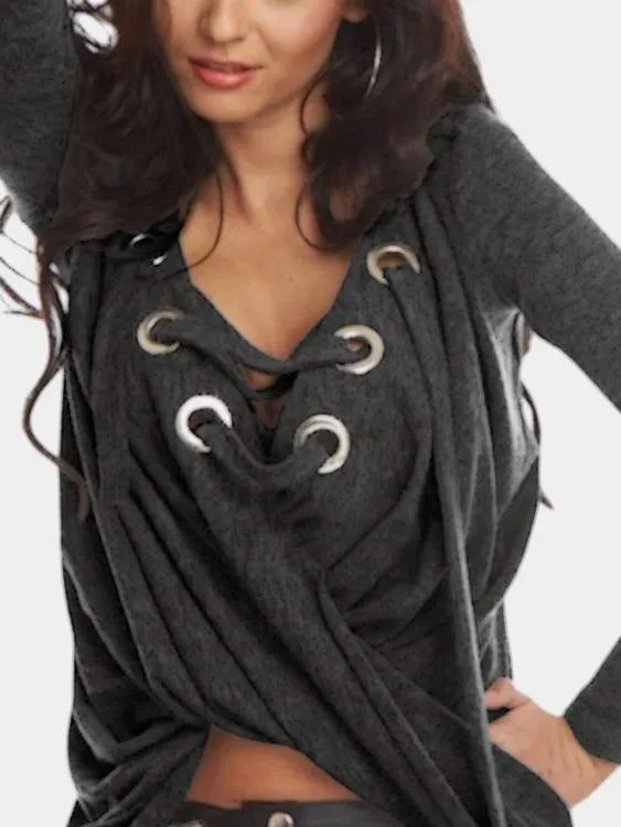 Custom V-Neck Plain Lace-Up Long Sleeve Dark Grey T-Shirts