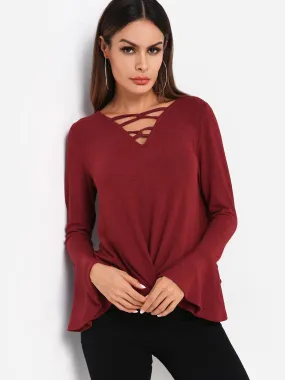 Custom V-Neck Plain Lace-Up Long Sleeve Irregular Hem Burgundy T-Shirts