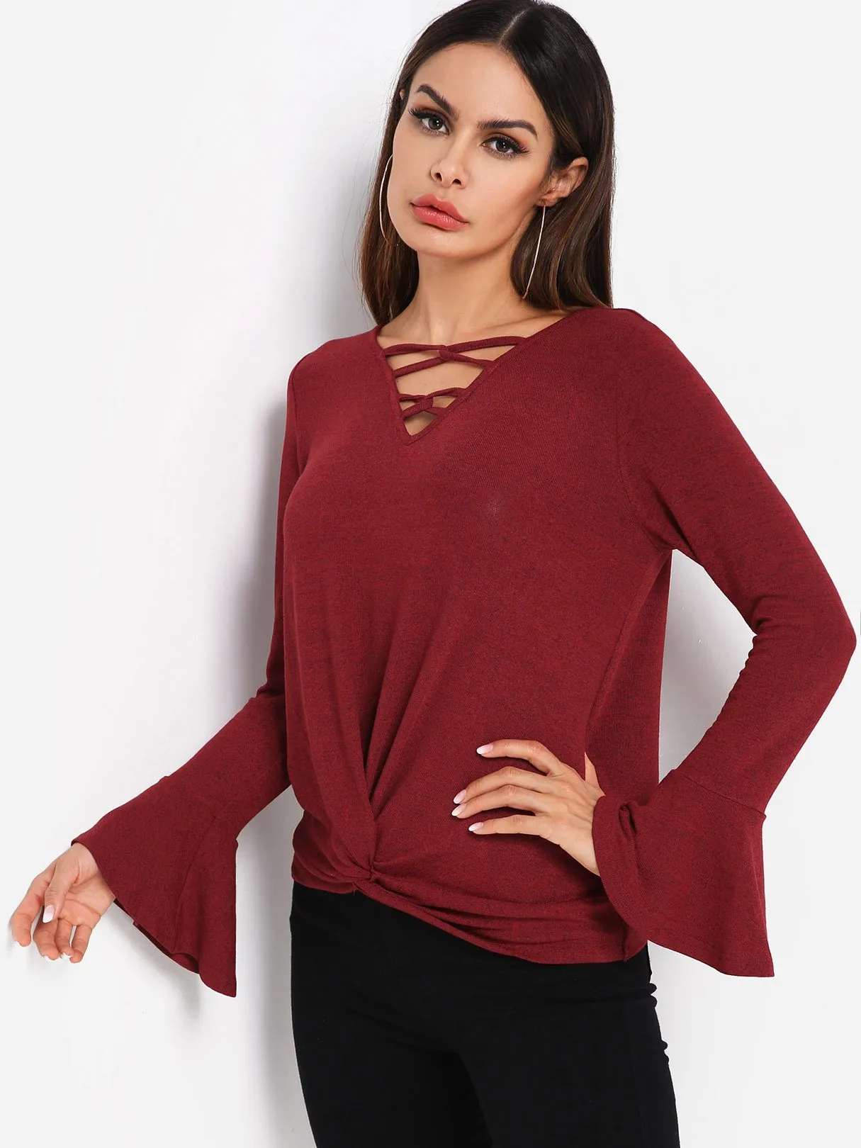 Custom V-Neck Plain Lace-Up Long Sleeve Irregular Hem Burgundy T-Shirts