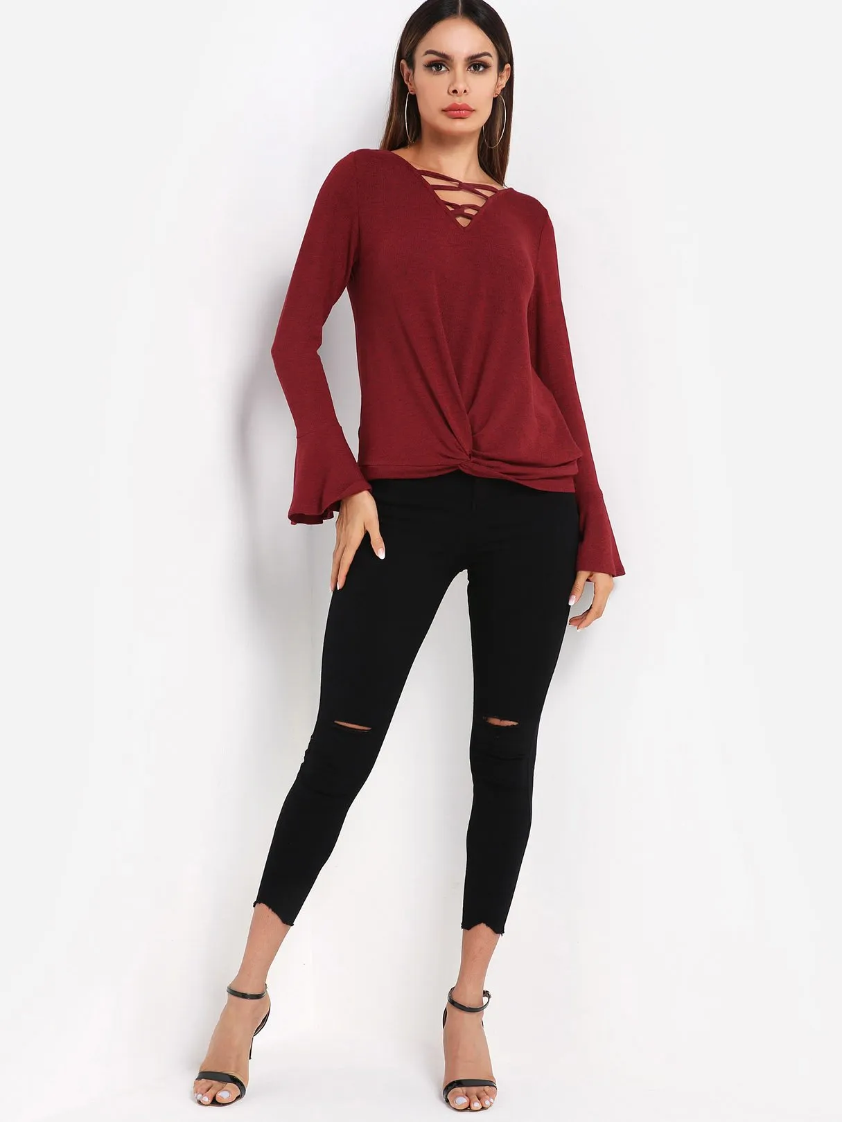 Custom V-Neck Plain Lace-Up Long Sleeve Irregular Hem Burgundy T-Shirts