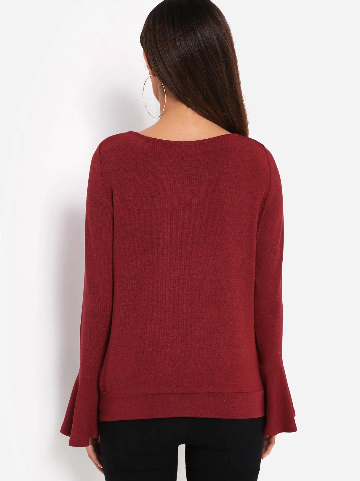 Custom V-Neck Plain Lace-Up Long Sleeve Irregular Hem Burgundy T-Shirts