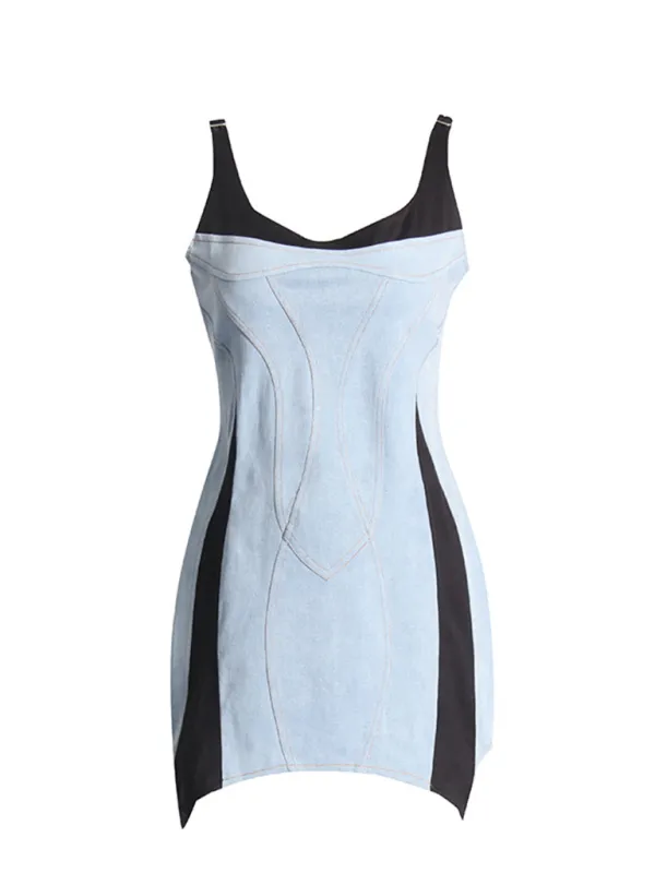 Denim Dresses - Spliced Suspender Hip-Wrapped Denim Dress