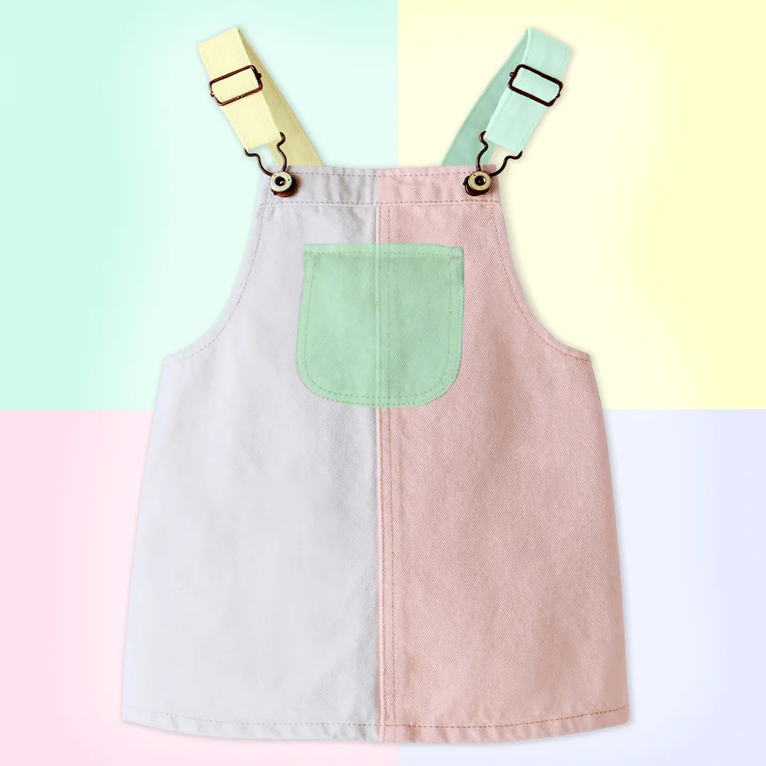 Denim Dungaree Dress - Pastel Colour Block