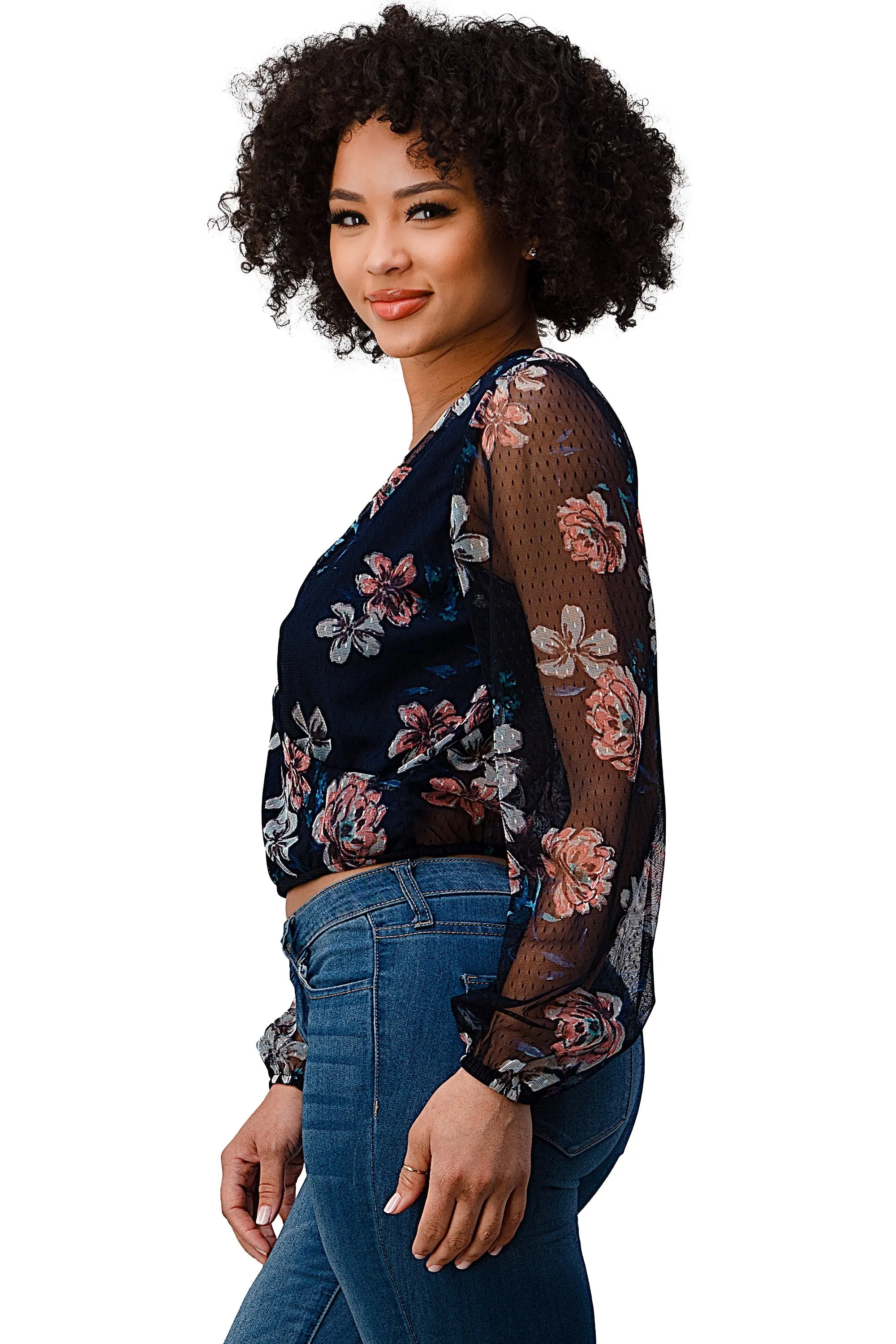 Dot Mesh Floral Surplice Long Sleeve Blouse Top