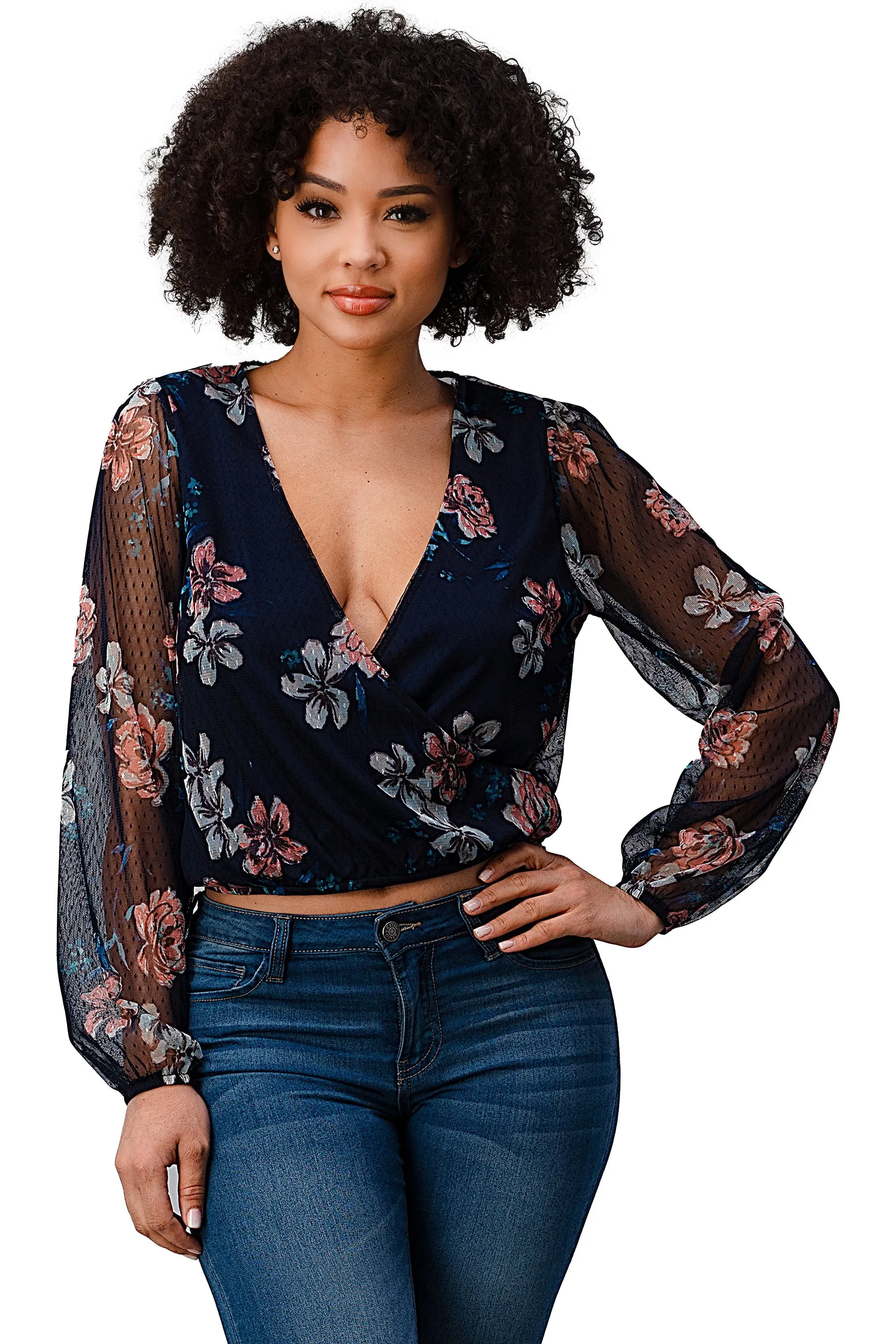 Dot Mesh Floral Surplice Long Sleeve Blouse Top