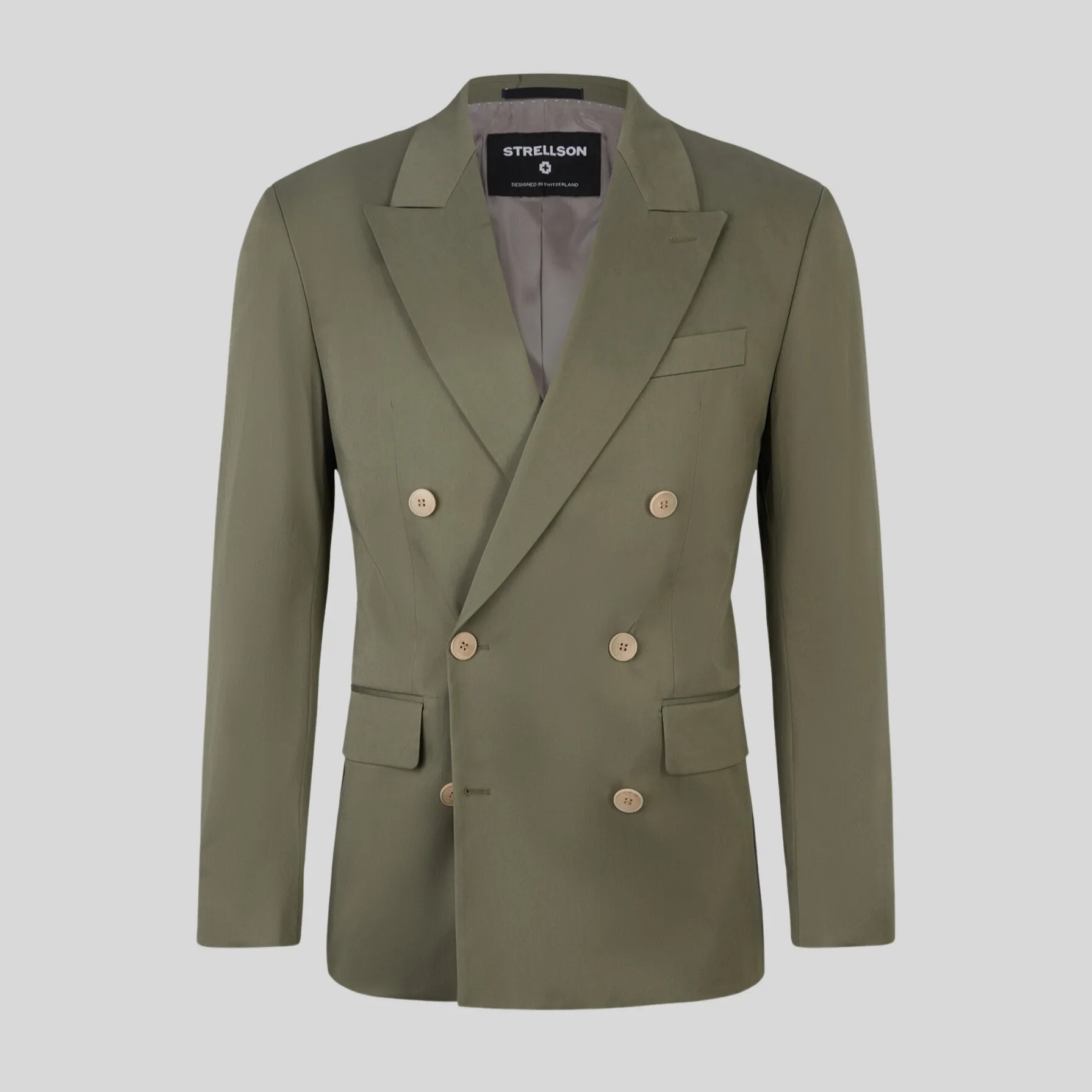 Double Breasted Cotton Stretch Blazer - Olive