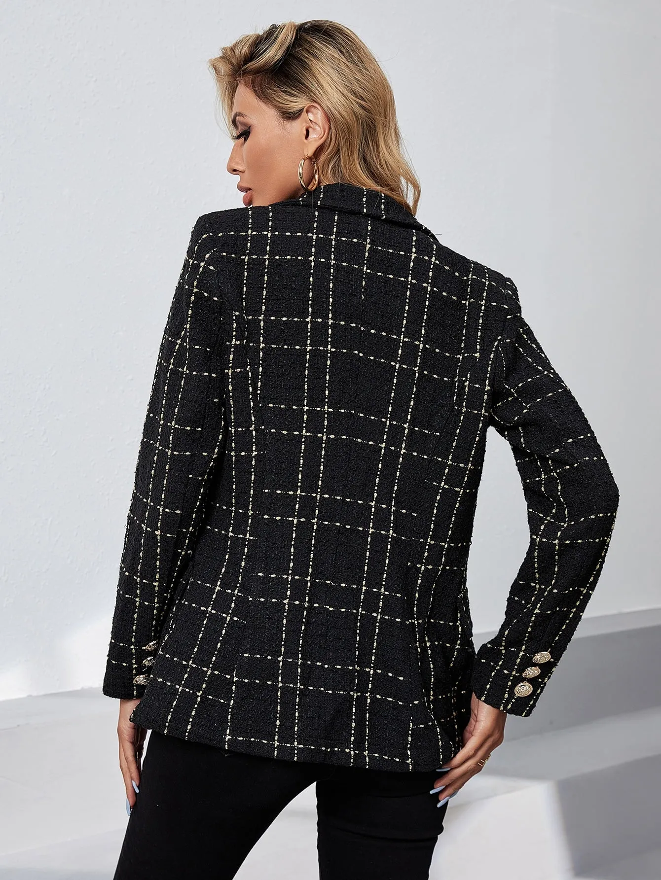 Double Breasted Plaid Tweed Blazer