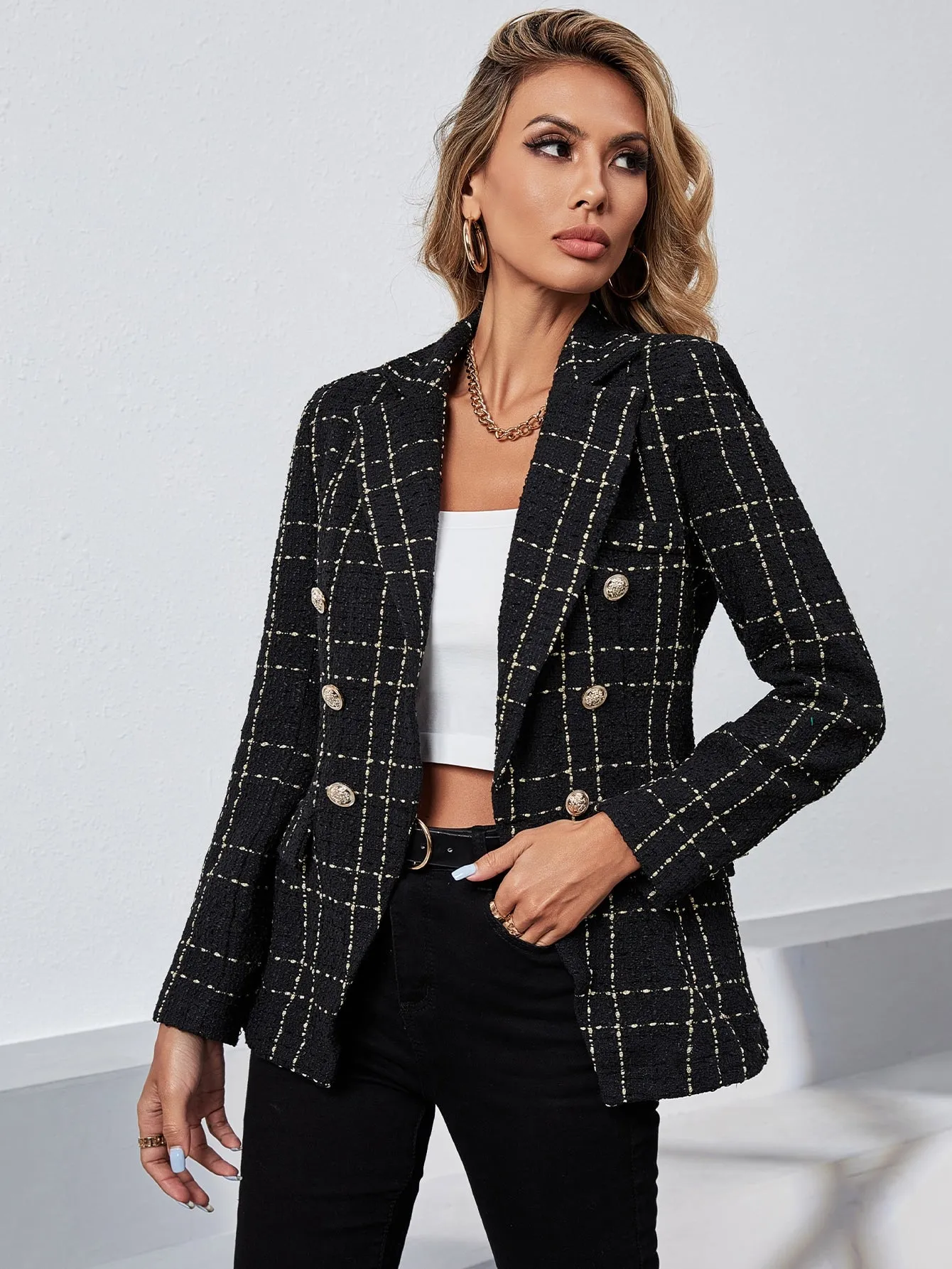 Double Breasted Plaid Tweed Blazer