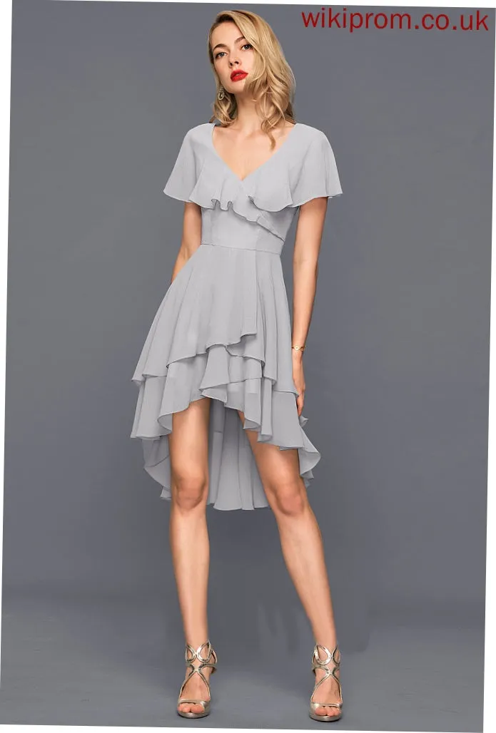 Dress A-Line Asymmetrical With Olive Cocktail Ruffles V-neck Cascading Cocktail Dresses Chiffon