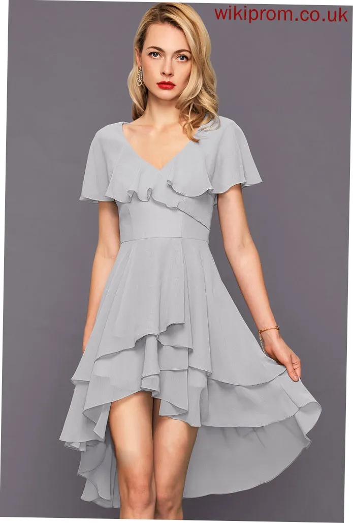 Dress A-Line Asymmetrical With Olive Cocktail Ruffles V-neck Cascading Cocktail Dresses Chiffon