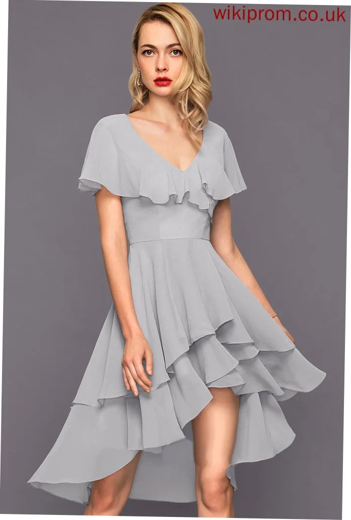 Dress A-Line Asymmetrical With Olive Cocktail Ruffles V-neck Cascading Cocktail Dresses Chiffon