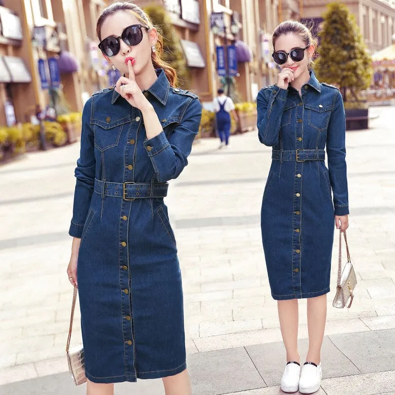 Flap Pocket Lapel Collar Button Belted Denim Dress